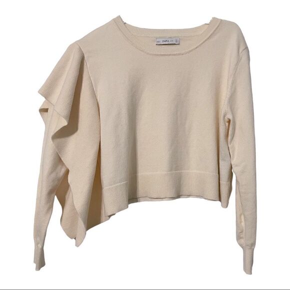 Zara Cropped Side Frill Knit Top In Cream Size Small - Picture 4 of 11